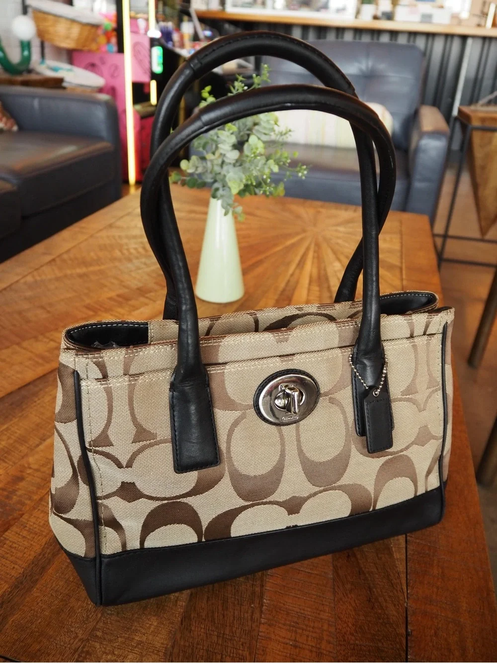 Coach Hampton Madeline Signature Canvas Tote with Black Leather Trim